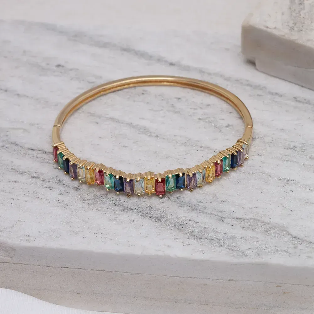 BRACELETE  COM ZIRCÔNIAS NAVETE COLORIDAS BANHO OURO 18K