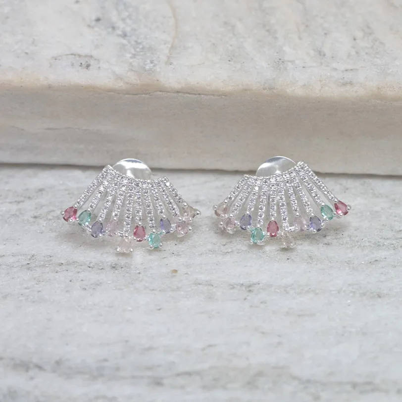 BRINCO EAR CUFF CRAVEJADO COM ZIRCÔNIAS COLORIDAS BANHO PRATA