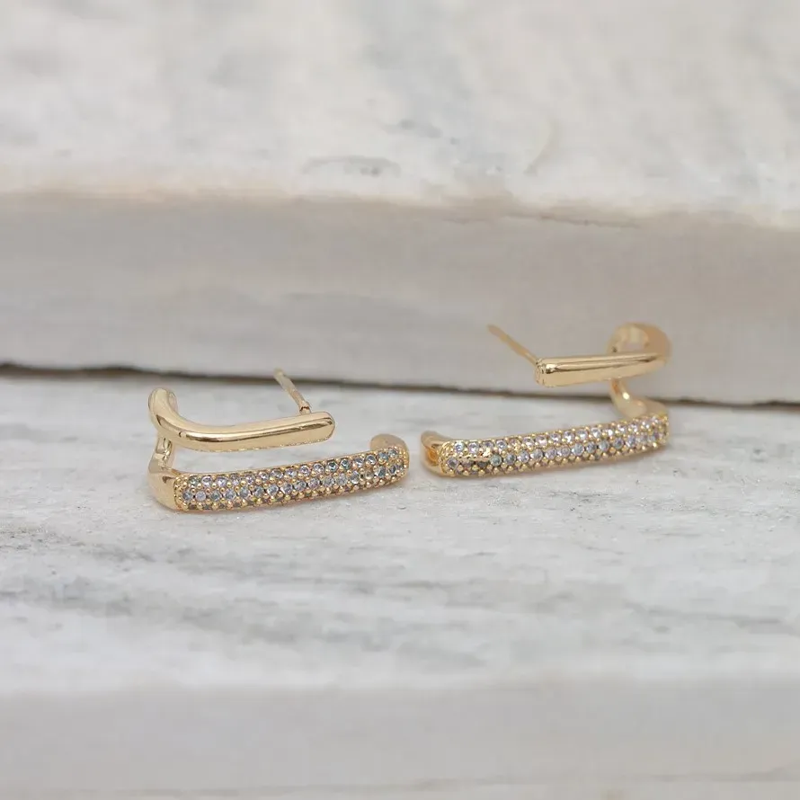 BRINCO EAR CUFF DUPLO LISO E CRAVEJADO COM ZIRCÔNIAS BANHO OURO 18K