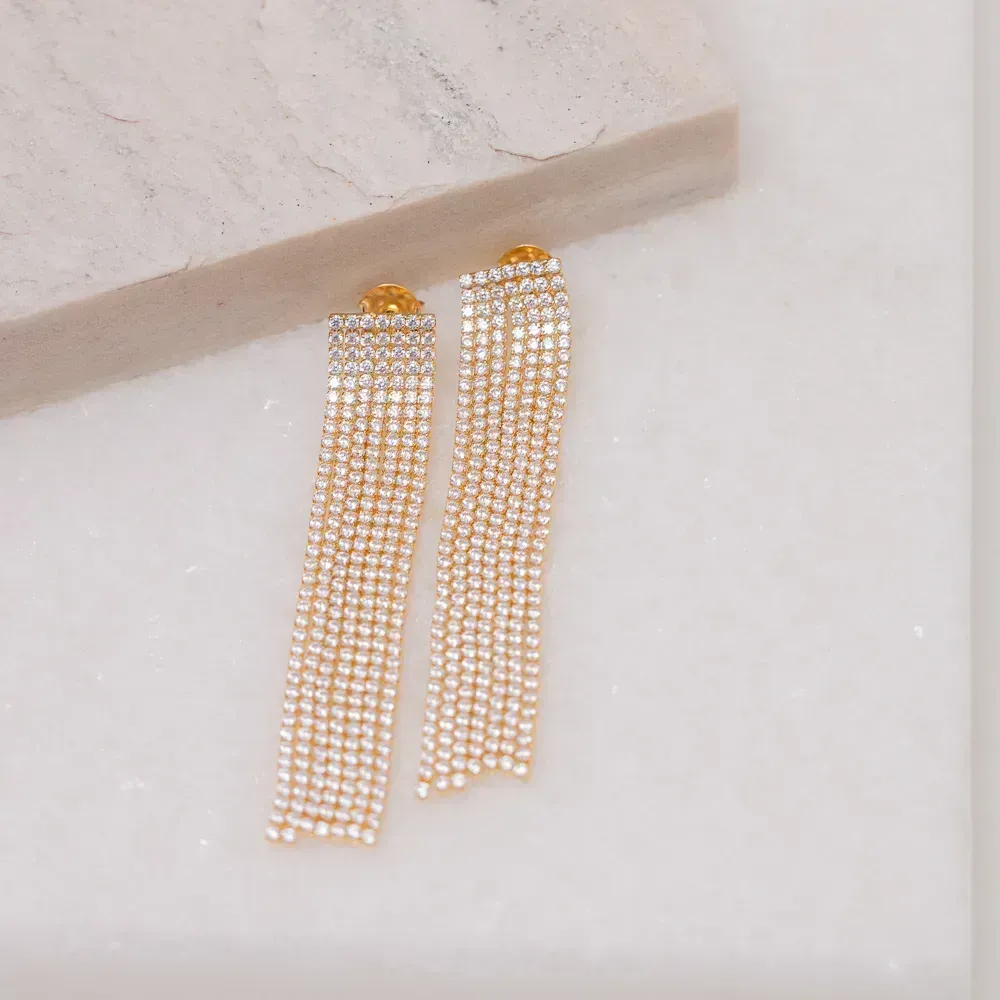 BRINCO FESTA FRANJA COM ZIRCÔNIAS CRISTAIS BANHO OURO 18K