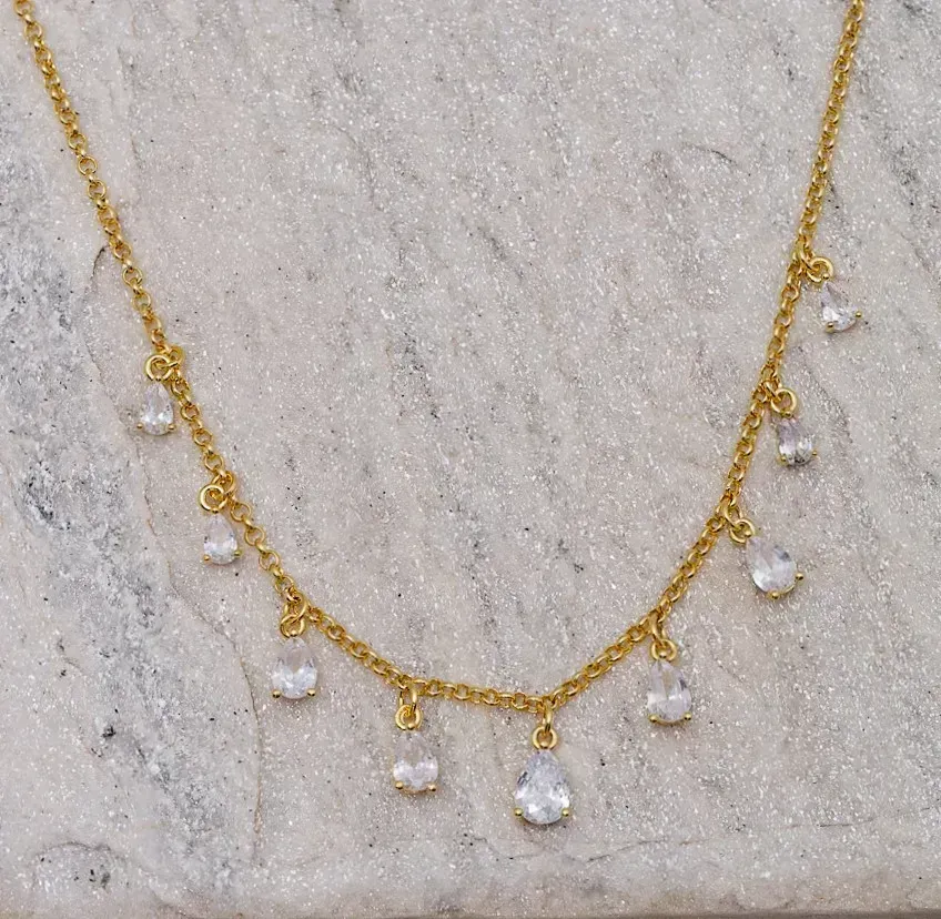 CHOKER GOTAS COM ZIRCÔNIAS CRISTAIS BANHO OURO 18K