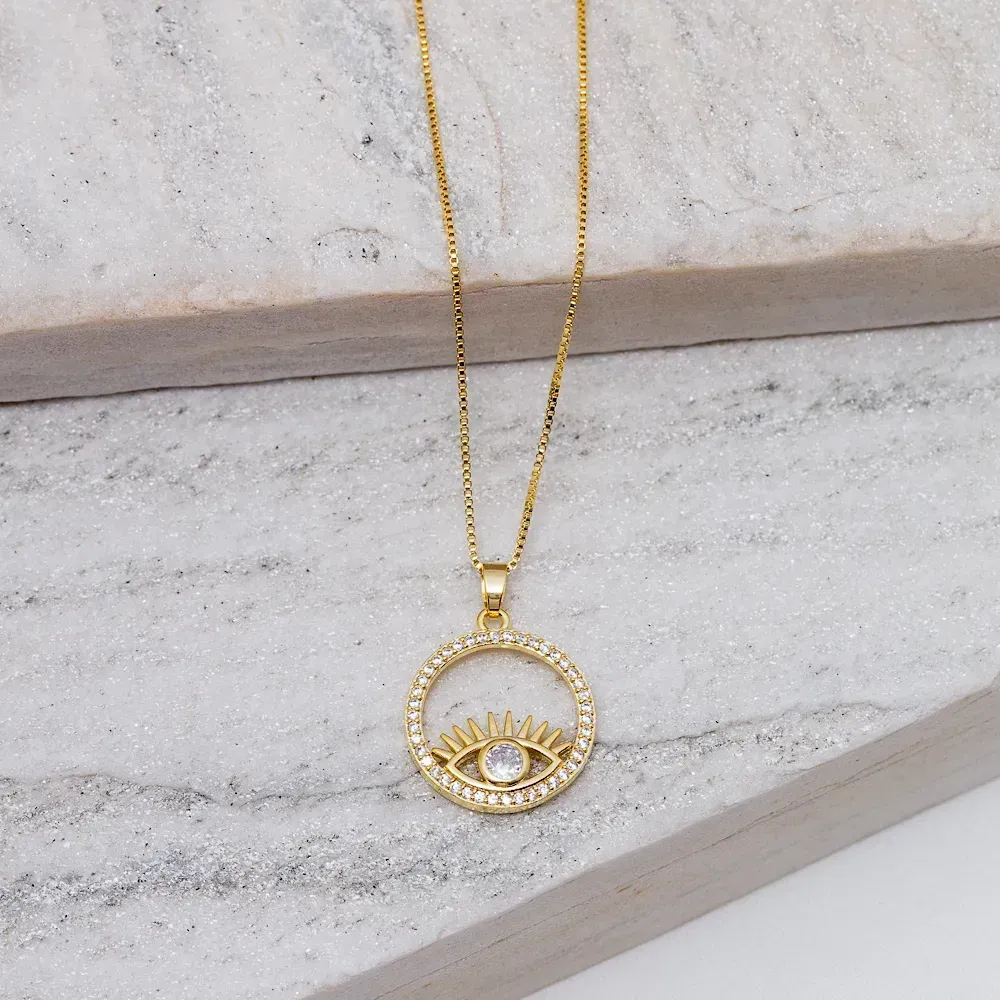 COLAR OLHO GREGO COM ZIRCÔNIAS CRISTAIS BANHO OURO 18K