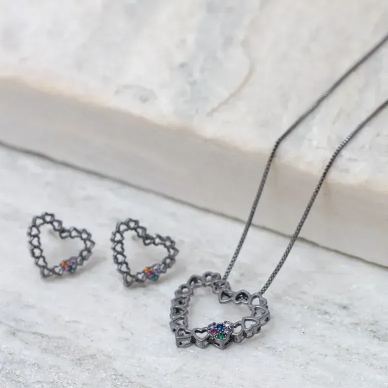 CONJUNTO CORAÇÃO DETALHE EM ZIRCÔNIA CRISTAL BANHO RÓDIO NEGRO