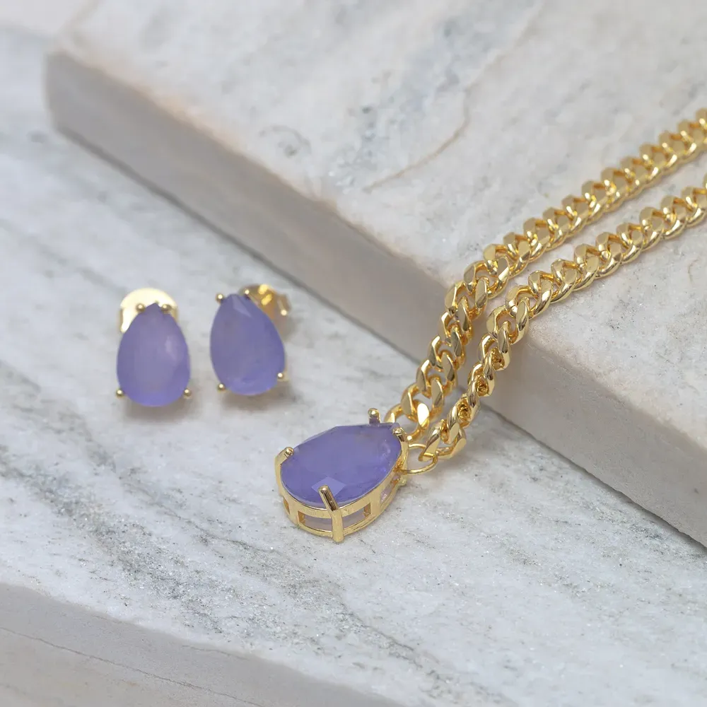 CONJUNTO CORRENTE COM PEDRA ZIRCÔNIA ROXA BANHO OURO 18K