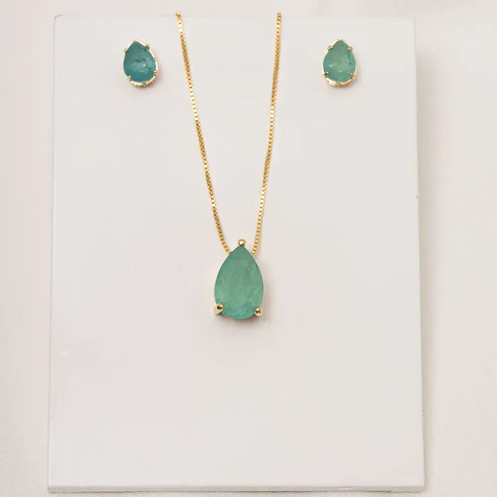 CONJUNTO GOTA CRISTAL VERDE P BANHO OURO 18K