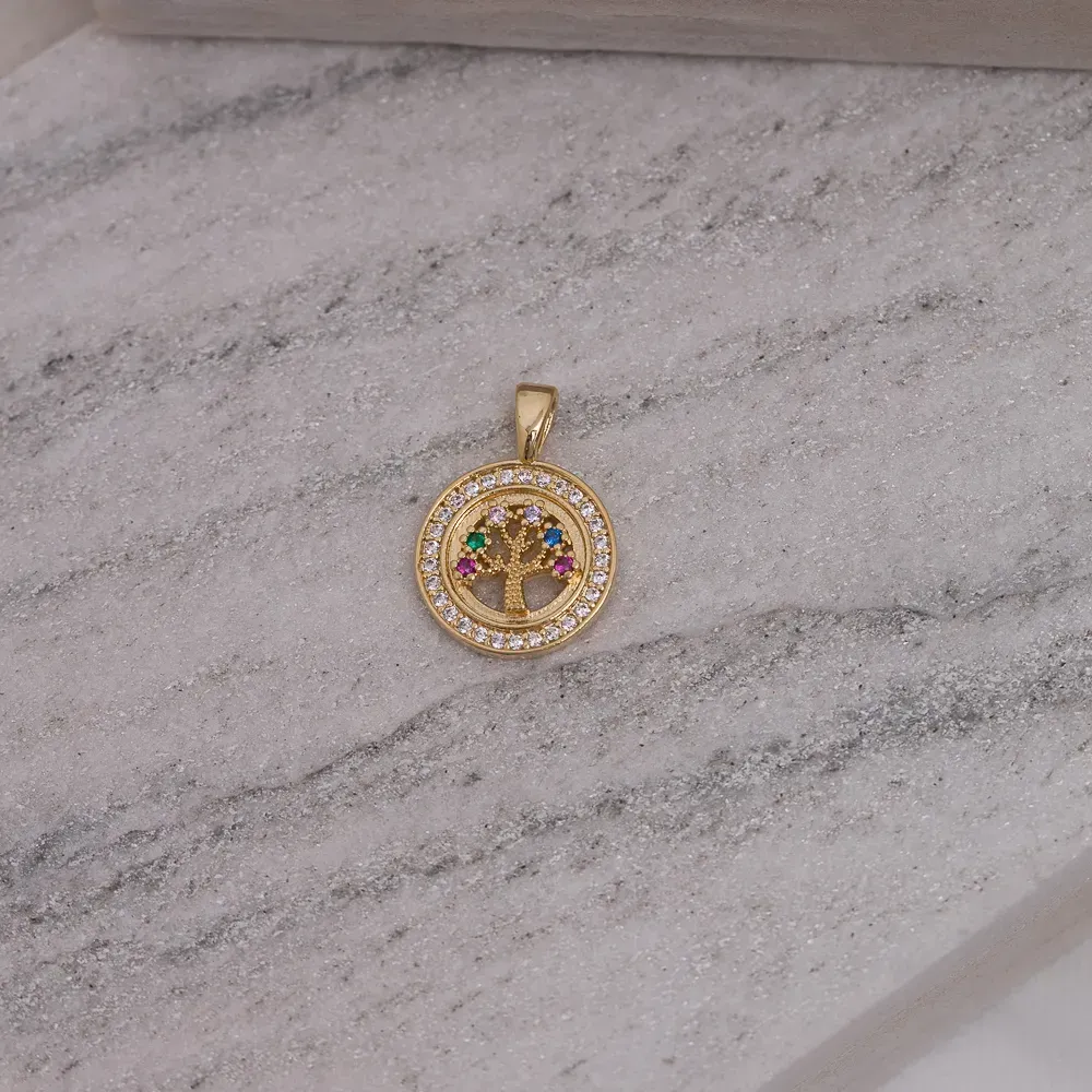 PINGENTE ÁRVORE DA VIDA COM ZIRCÔNIAS CRISTAIS E COLORIDAS BANHO OURO 18K