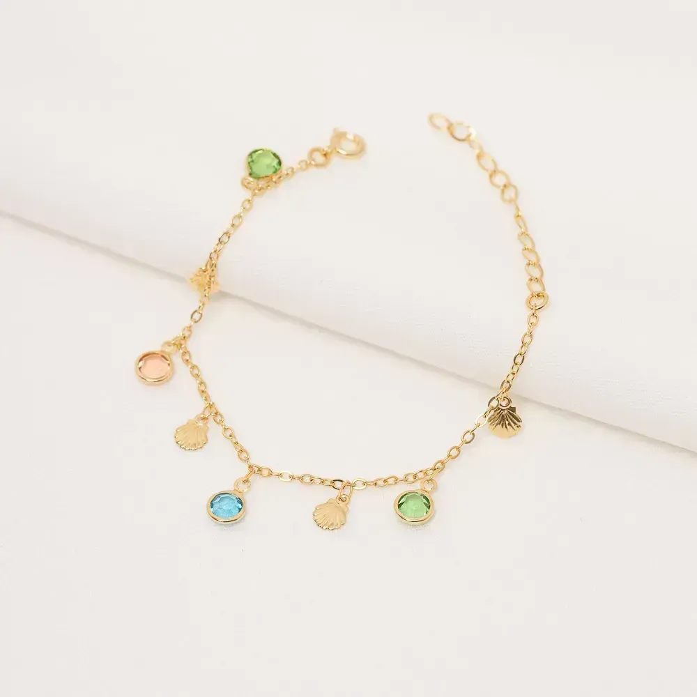 PULSEIRA CONCHAS E PEDRAS COLORIDOS BANHO OURO 18K