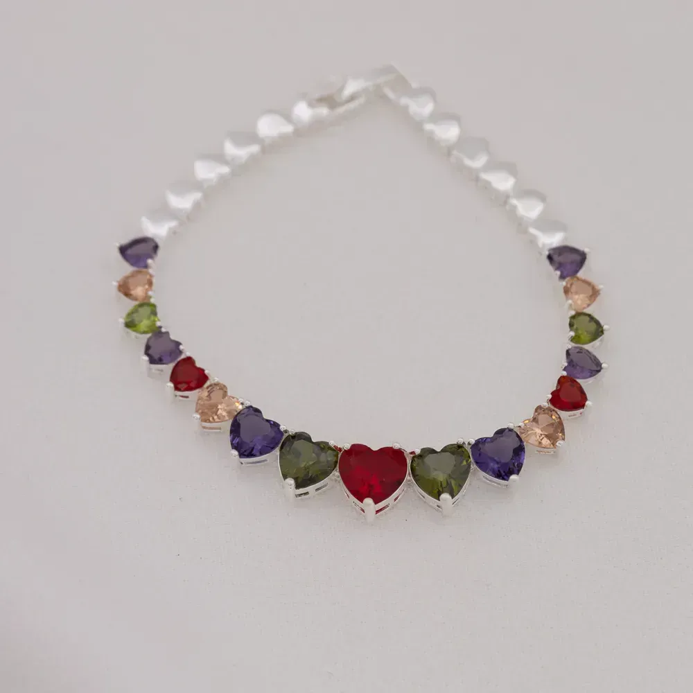 PULSEIRA RIVIERA CORAÇÃO COM PEDRAS COLORIDAS BANHO PRATA