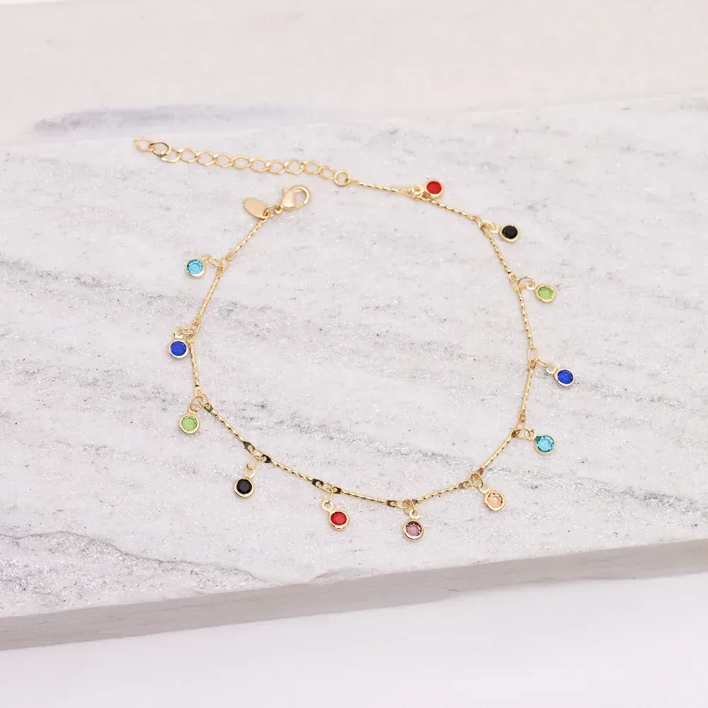 TORNOZELEIRA COM PEDRAS COLORIDAS BANHO OURO 18K