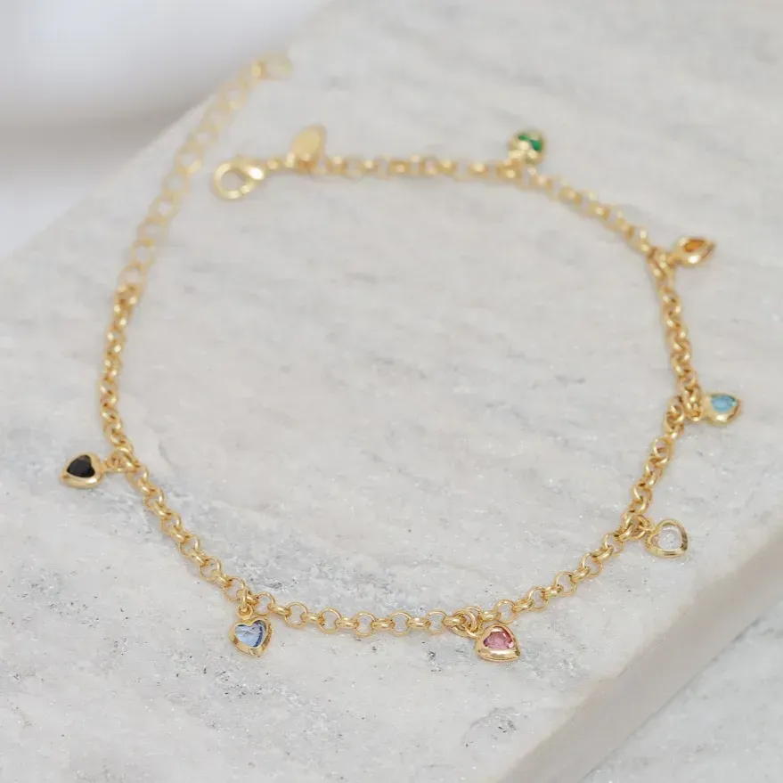 TORNOZELEIRA ELO PORTUGUÊS CORAÇÃO COM CRISTAIS COLORIDOS BANHO OURO 18K