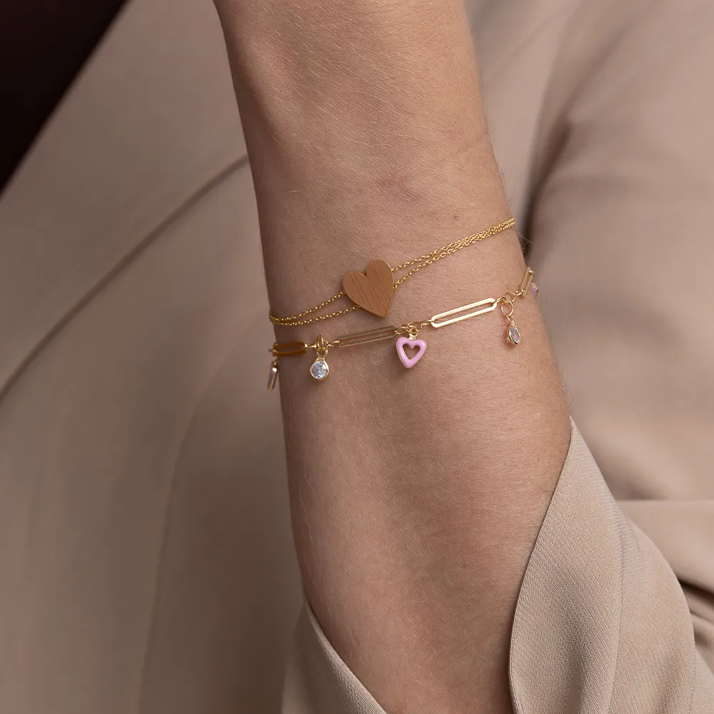 PULSEIRA CORAÇÃO ROSA COM PEDRAS CRISTAIS BANHO OURO 18K