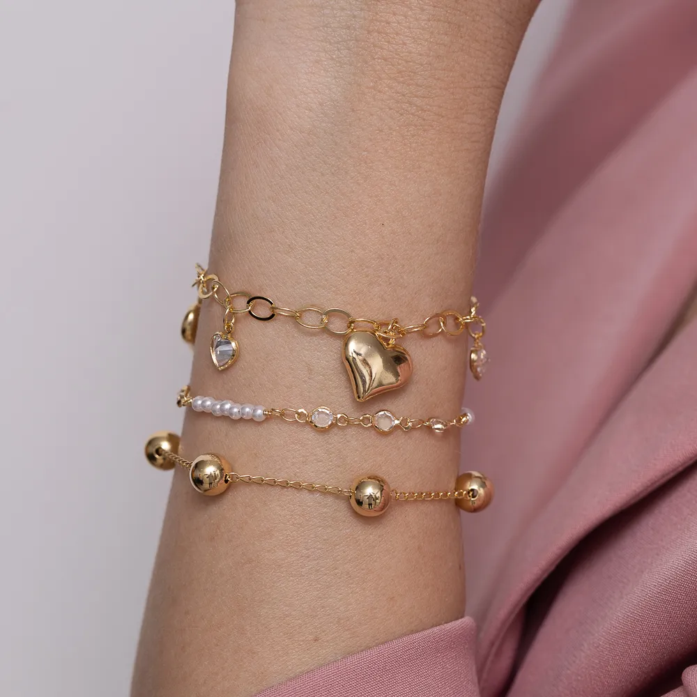 PULSEIRA PÉROLAS P E PEDRAS CRISTAIS BANHO OURO 18K