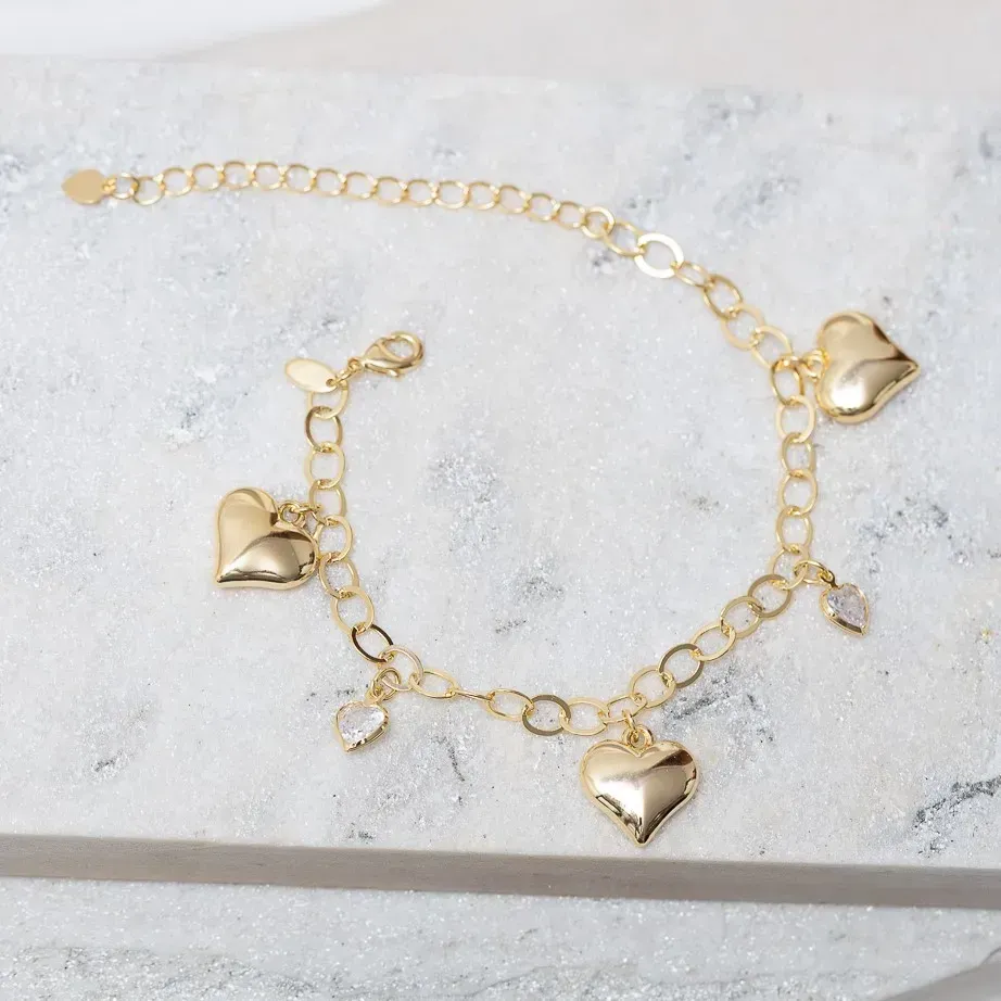 PULSEIRA ELOS COM PINGENTE CORAÇÃO CRISTAL E LISO BANHO OURO 18K