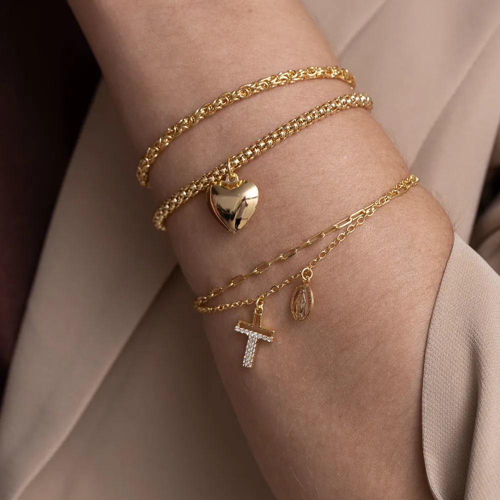 PULSEIRA DUPLA COM CRUZ E NOSSA SENHORA BANHO OURO 18K