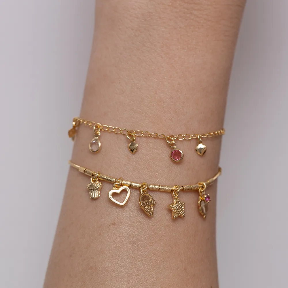 PULSEIRA INFANTIL COM PINGENTES BANHO OURO 18K