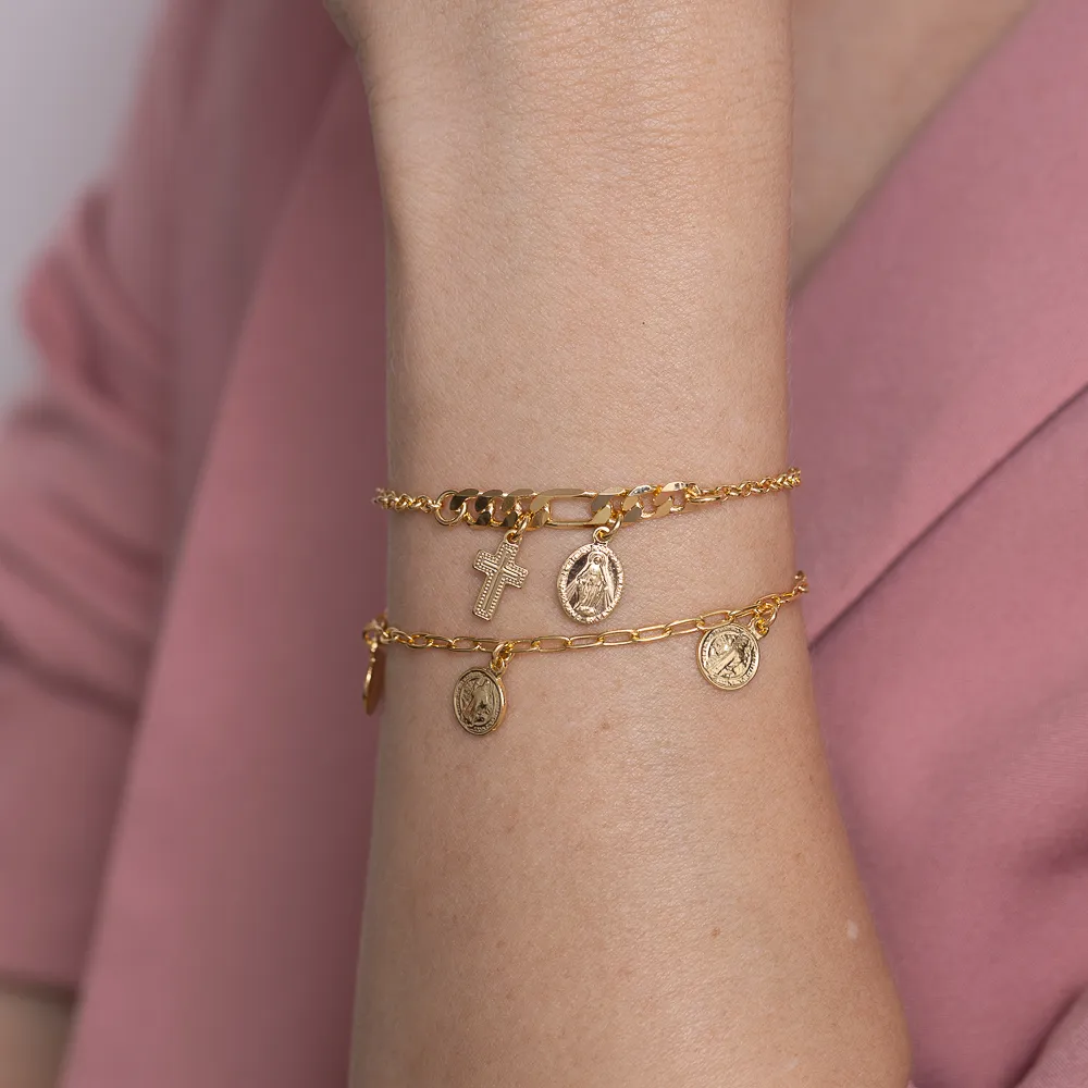PULSEIRA COM CRUZ E NOSSA SENHORA BANHO OURO 18K