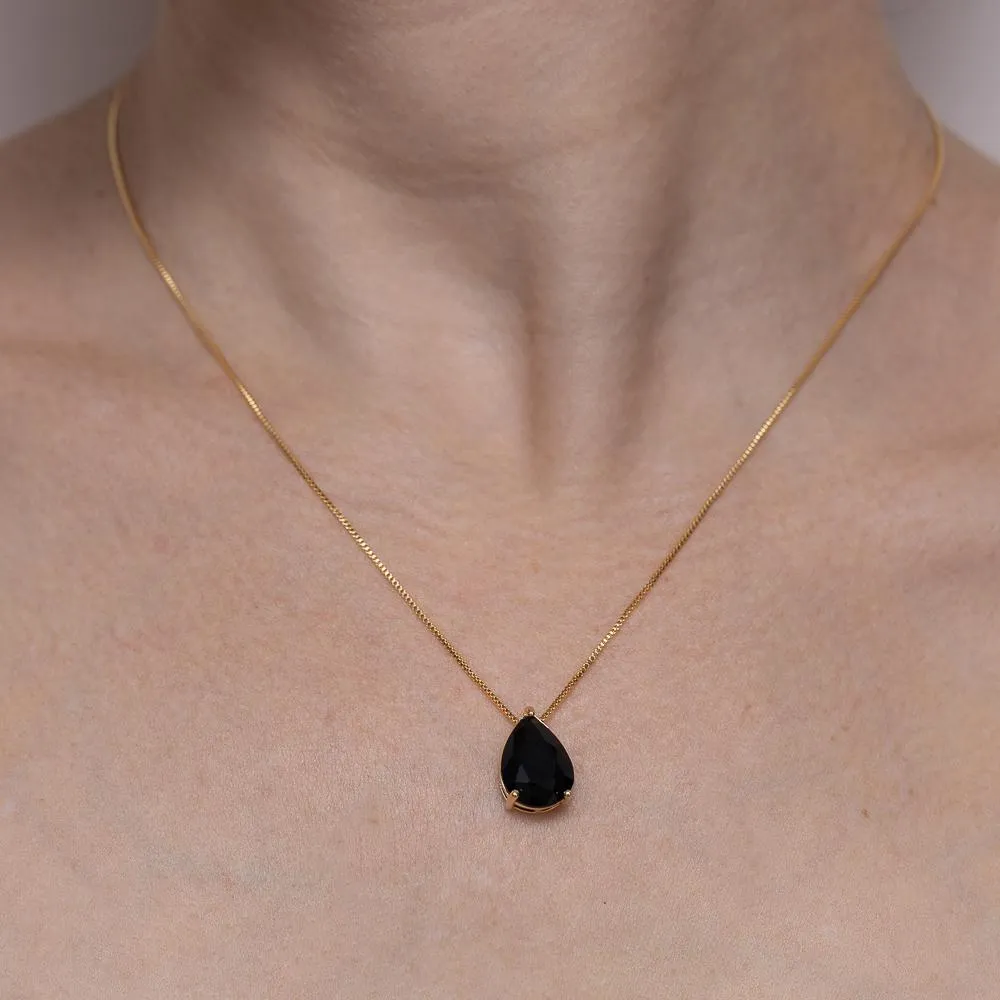 CONJUNTO GOTA COM PEDRA PRETA BANHO OURO 18K