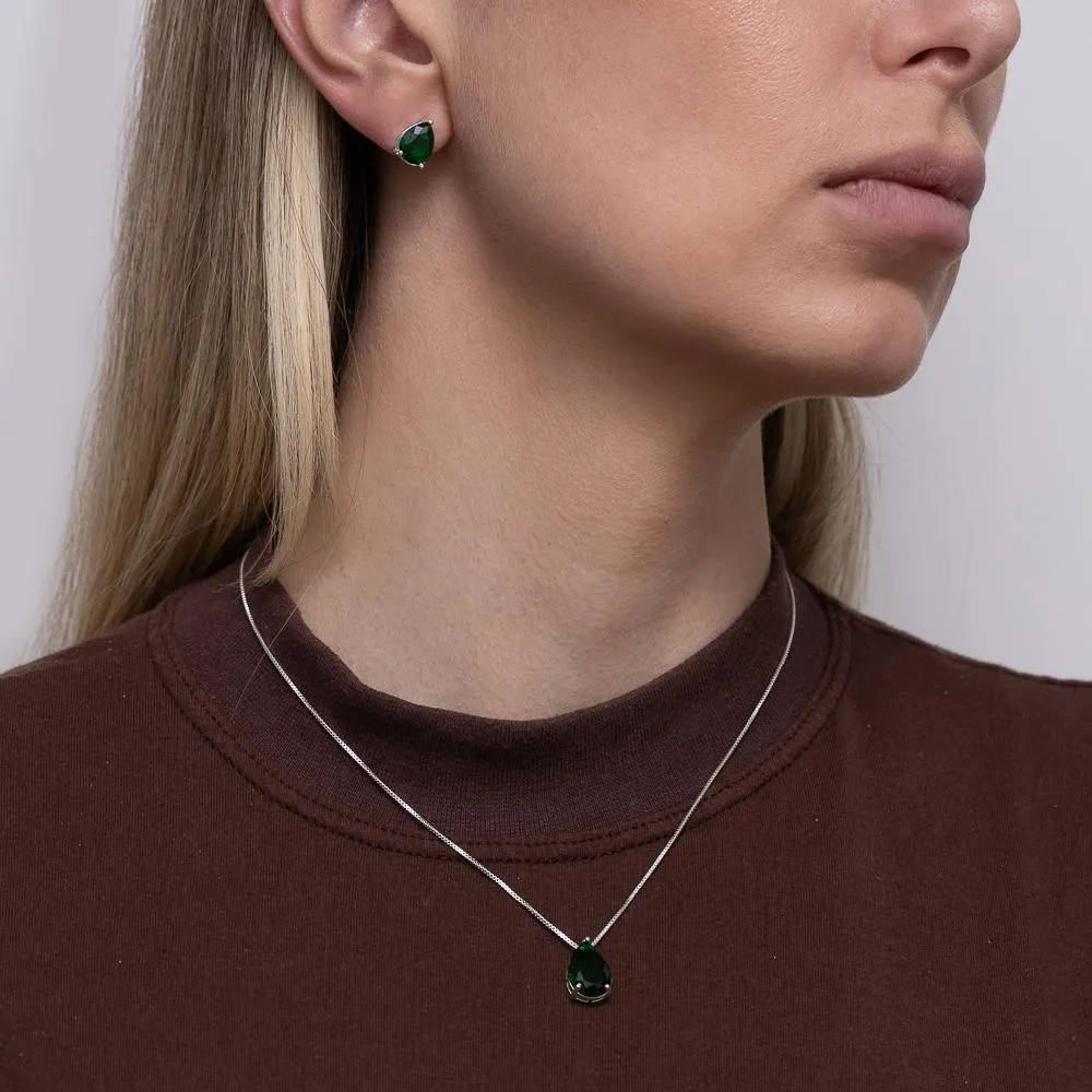 CONJUNTO GOTA COM PEDRA VERDE ESMERALDA BANHO PRATA