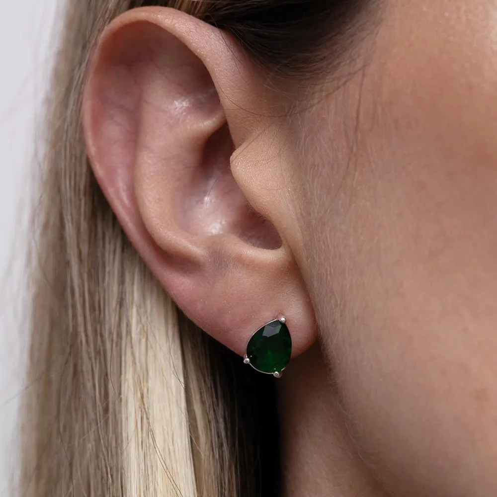 CONJUNTO GOTA COM PEDRA VERDE ESMERALDA BANHO PRATA