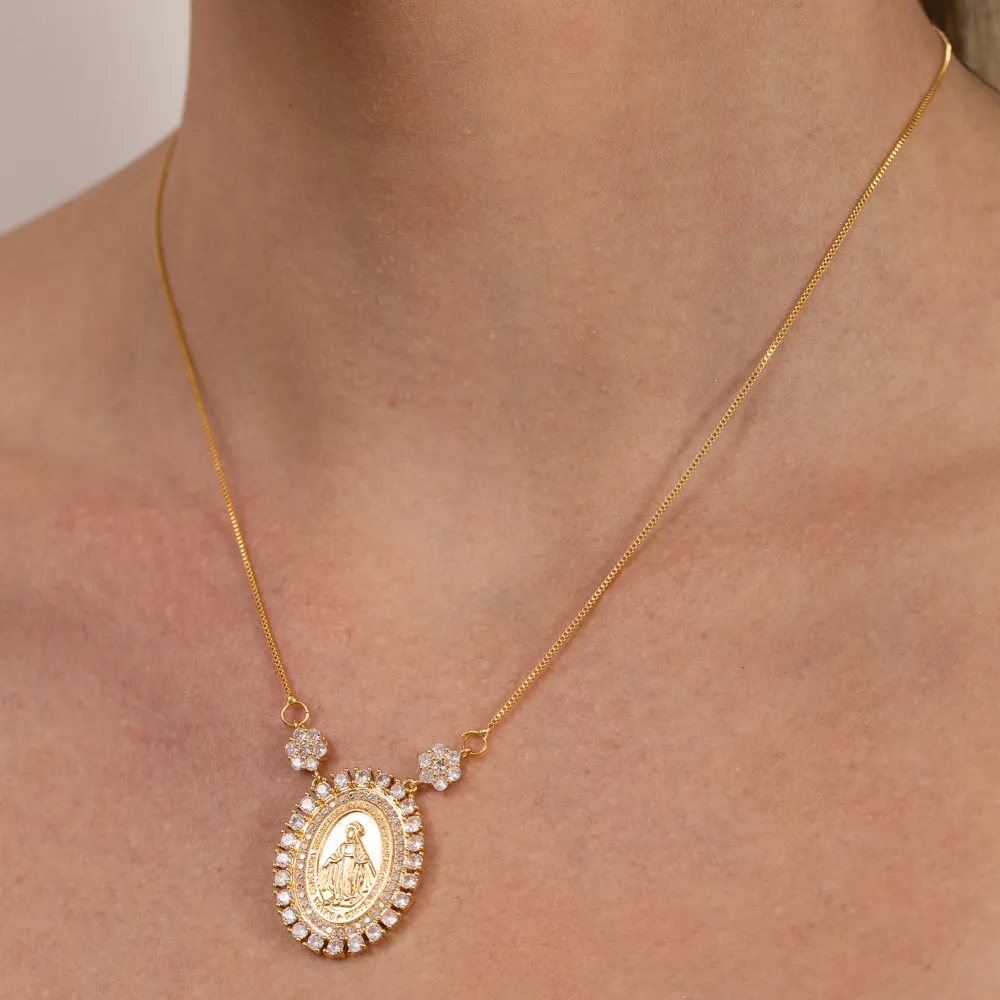 COLAR NOSSA SENHORA DAS GRAÇAS COM ZIRCÔNIA BANHO OURO 18K
