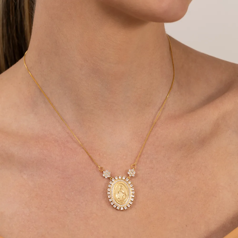 COLAR NOSSA SENHORA DAS GRAÇAS COM ZIRCÔNIA BANHO OURO 18K