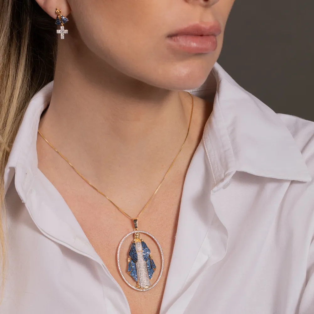 COLAR NOSSA SENHORA DAS GRAÇAS MANTO AZUL COM ZIRCÔNIA BANHO OURO 18K