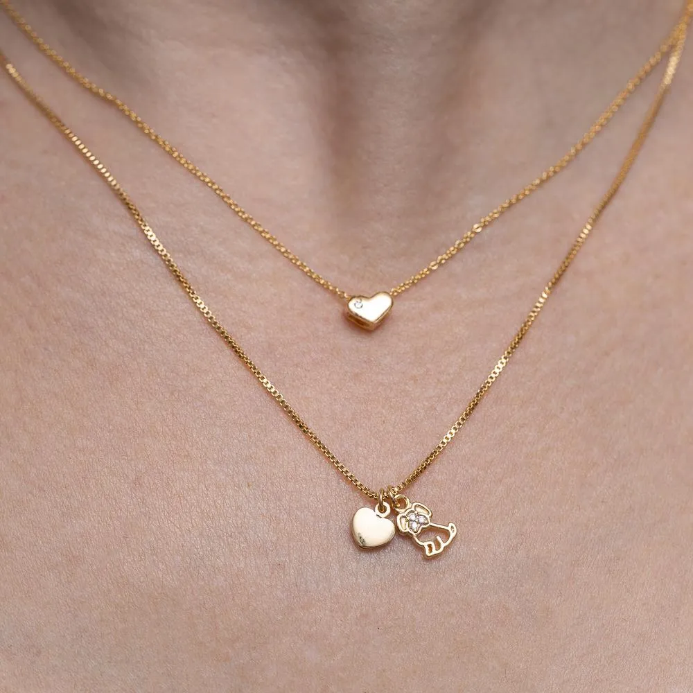 COLAR CACHORRO COM CORAÇÃO BANHO OURO 18K