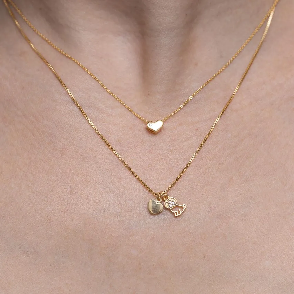 COLAR CACHORRO COM CORAÇÃO BANHO OURO 18K