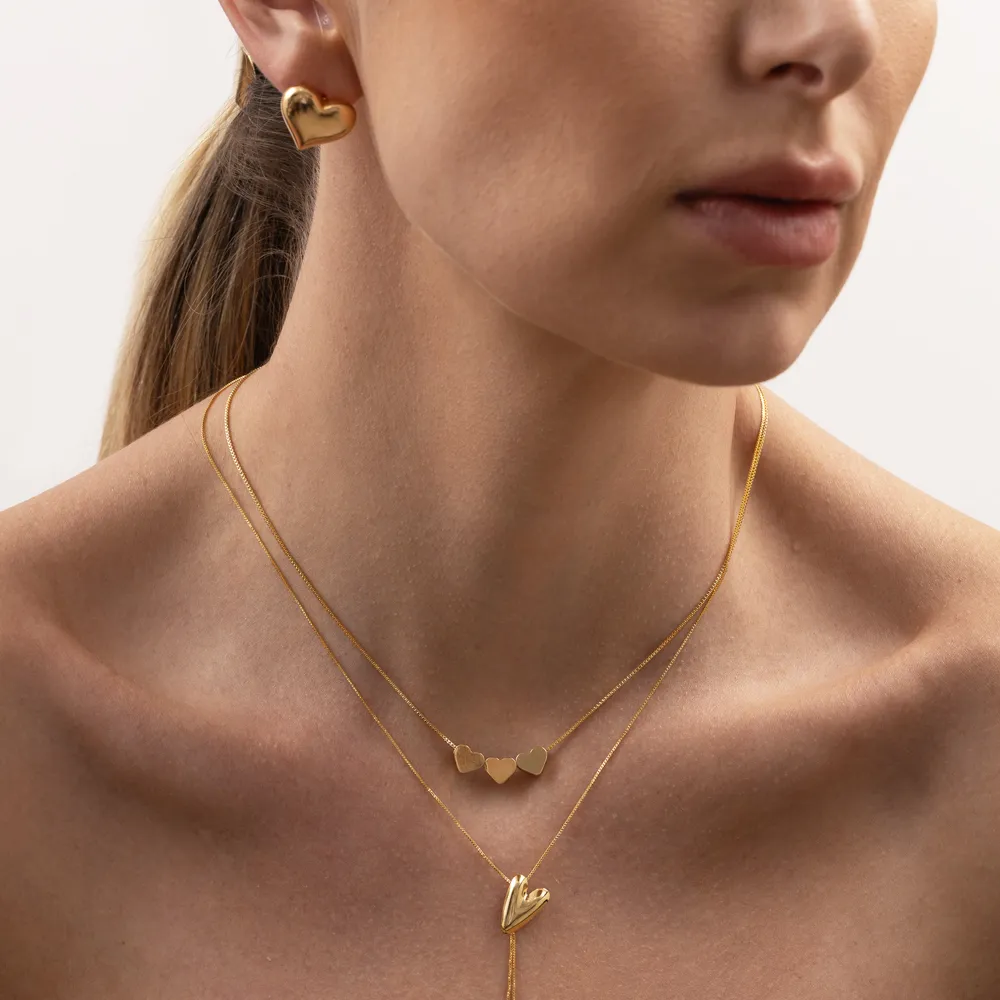 COLAR TRÊS CORAÇÕES LISOS BANHO OURO 18K