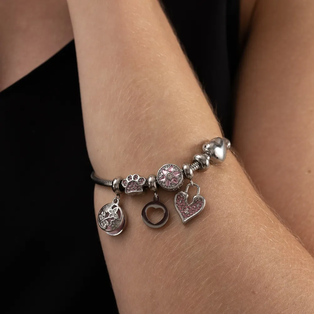 PULSEIRA 6 BERLOQUES COM ZIRCÔNIAS ROSA AÇO INOX