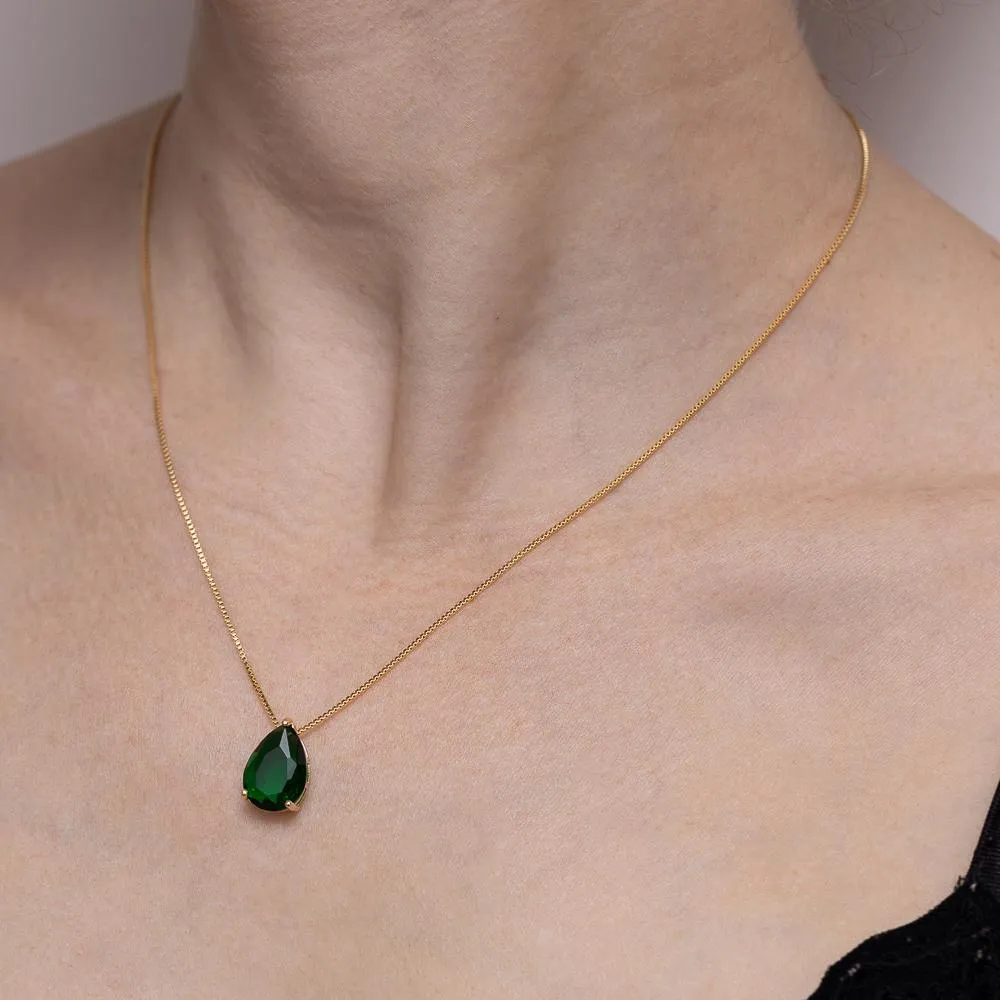 CONJUNTO GOTA COM PEDRA VERDE ESMERALDA BANHO OURO 18K