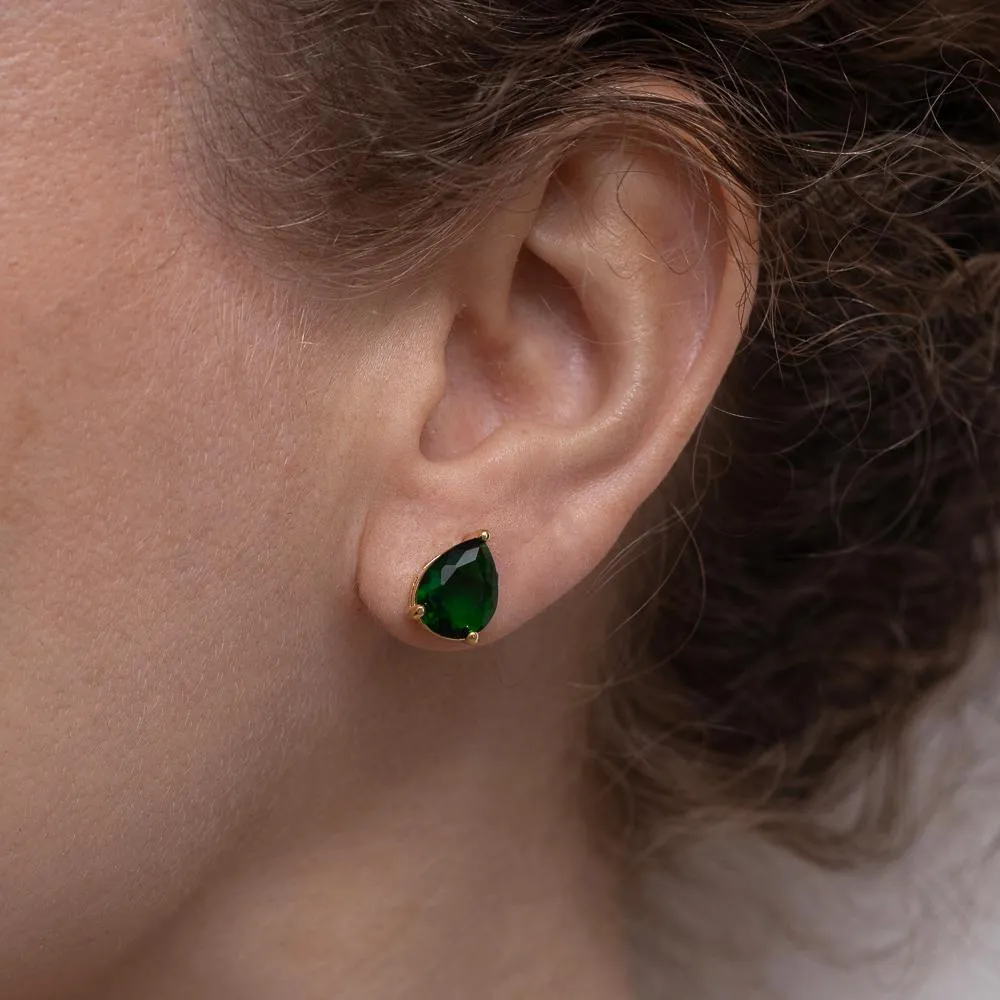 CONJUNTO GOTA COM PEDRA VERDE ESMERALDA BANHO OURO 18K