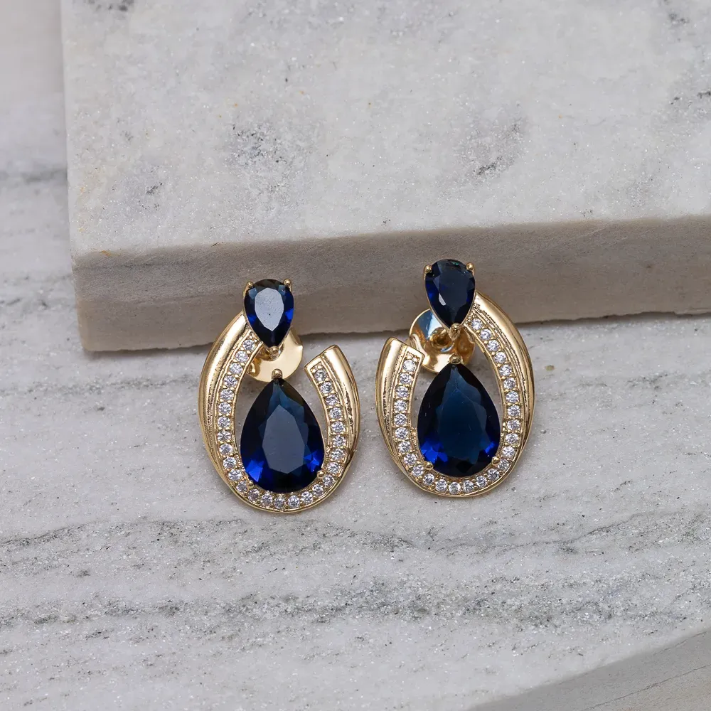 BRINCO FESTA COM ZIRCÔNIA E PEDRA AZUL BANHO OURO 18K