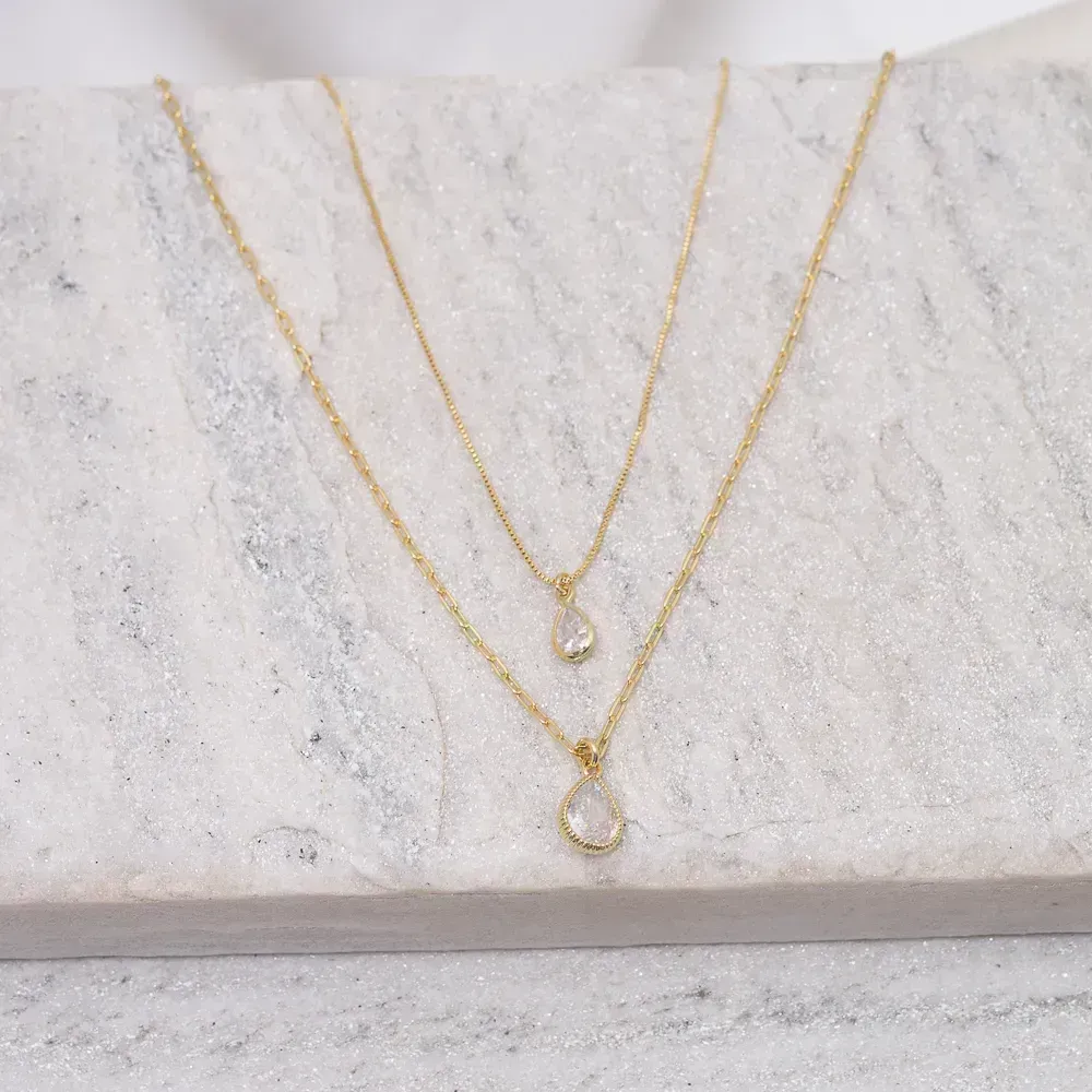 COLAR DUPLO GOTA COM PEDRA ZIRCÔNIA CRISTAL BANHO OURO 18K