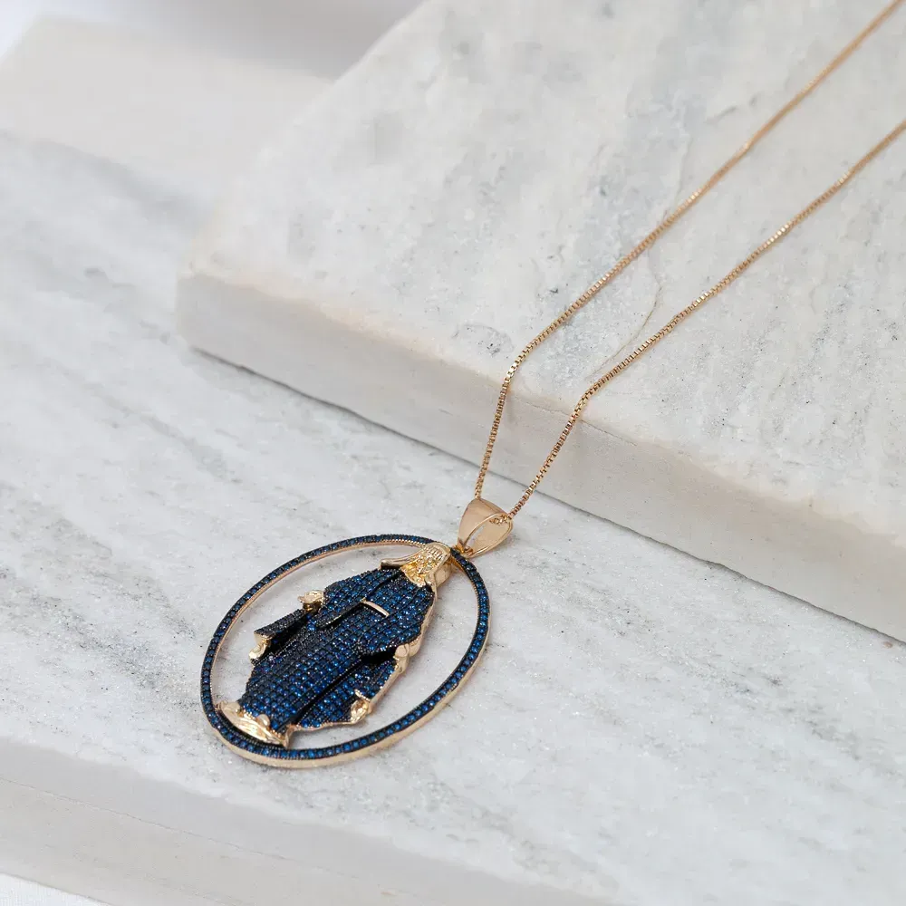 COLAR NOSSA SENHORA DAS GRAÇAS MANTO AZUL COM ZIRCÔNIA BANHO OURO 18K