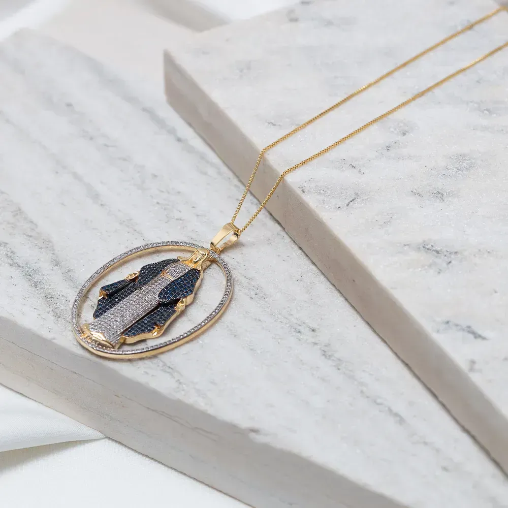 COLAR NOSSA SENHORA DAS GRAÇAS MANTO AZUL COM ZIRCÔNIA BANHO OURO 18K