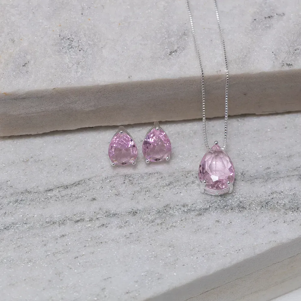 CONJUNTO GOTA COM PEDRA ROSA CLARO BANHO PRATA