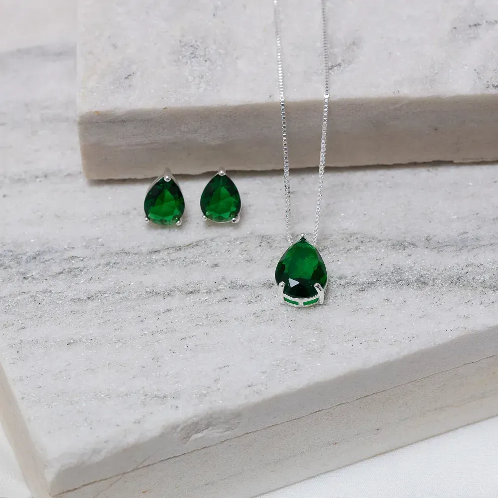 CONJUNTO GOTA COM PEDRA VERDE ESMERALDA BANHO PRATA