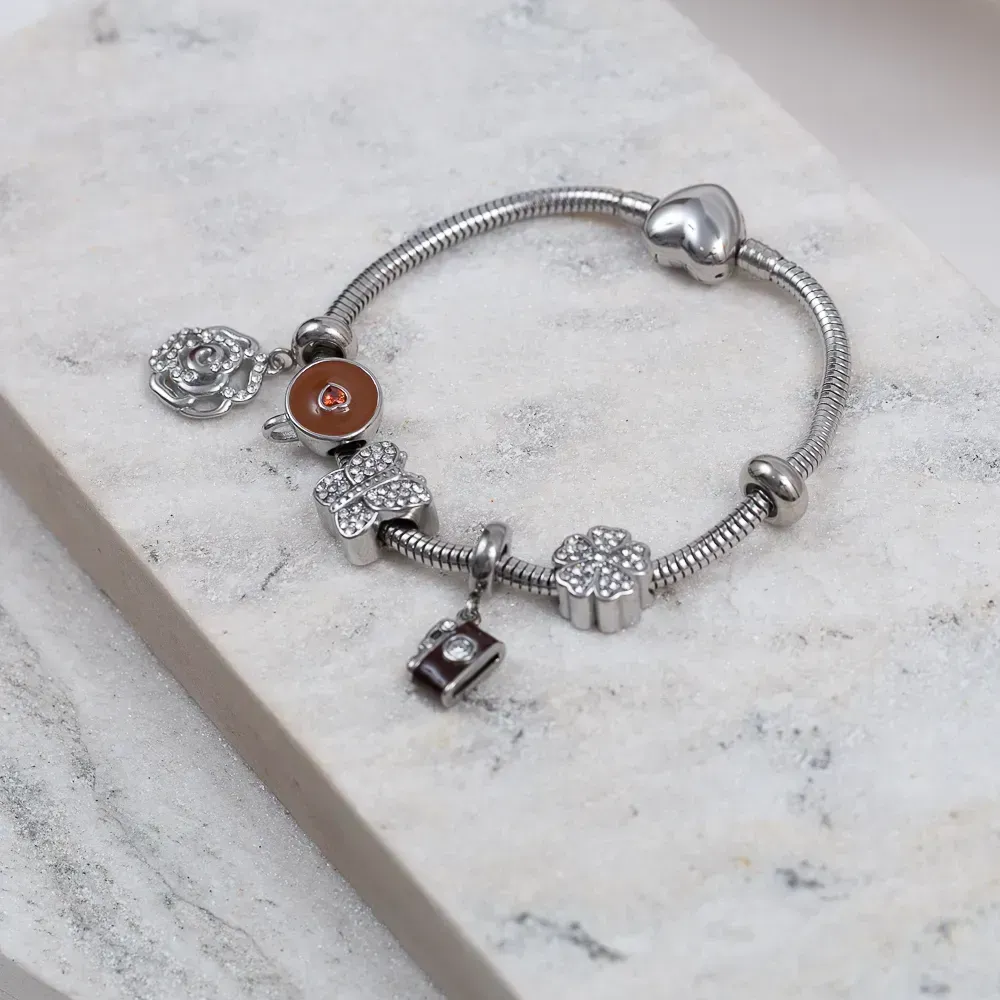 PULSEIRA COM 6 BERLOQUES COR MARROM AÇO INOX