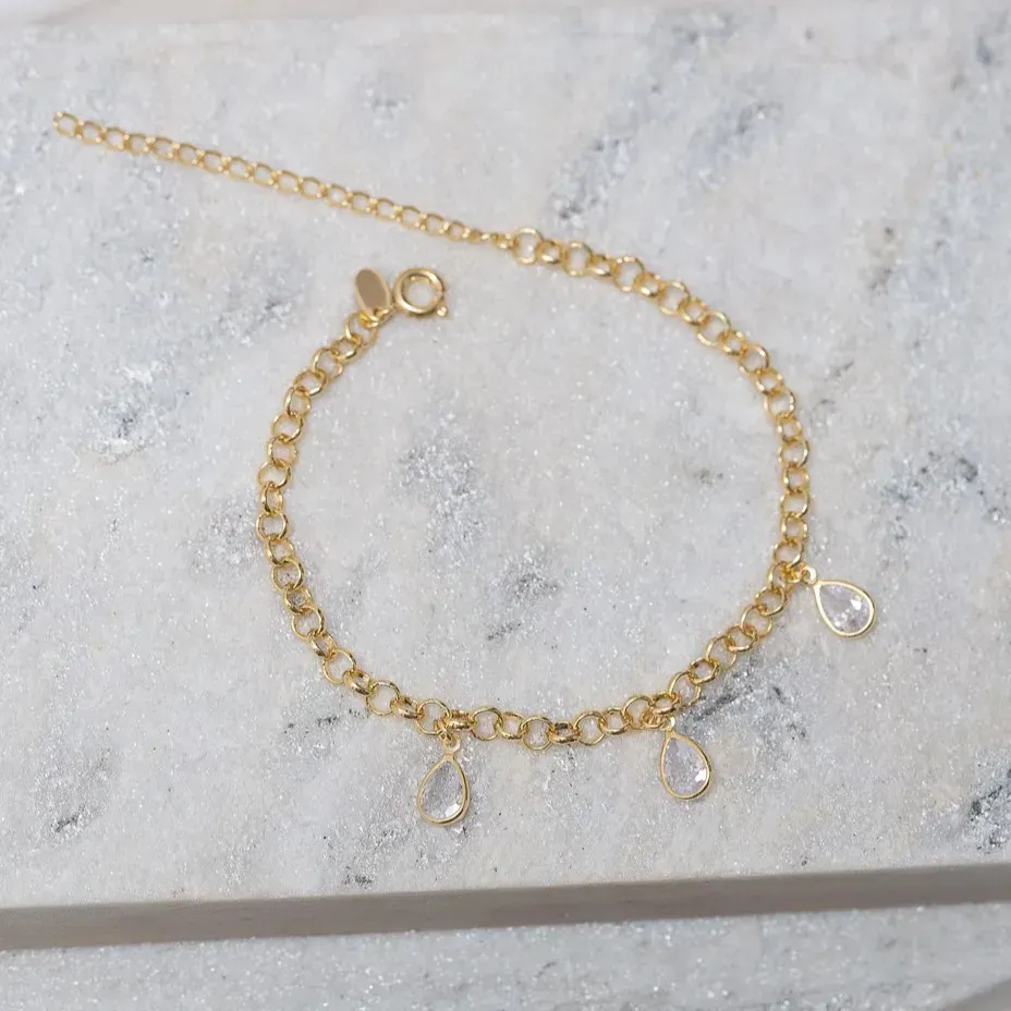 PULSEIRA ELO PORTUGUÊS COM GOTAS CRISTAIS BANHO PRATA