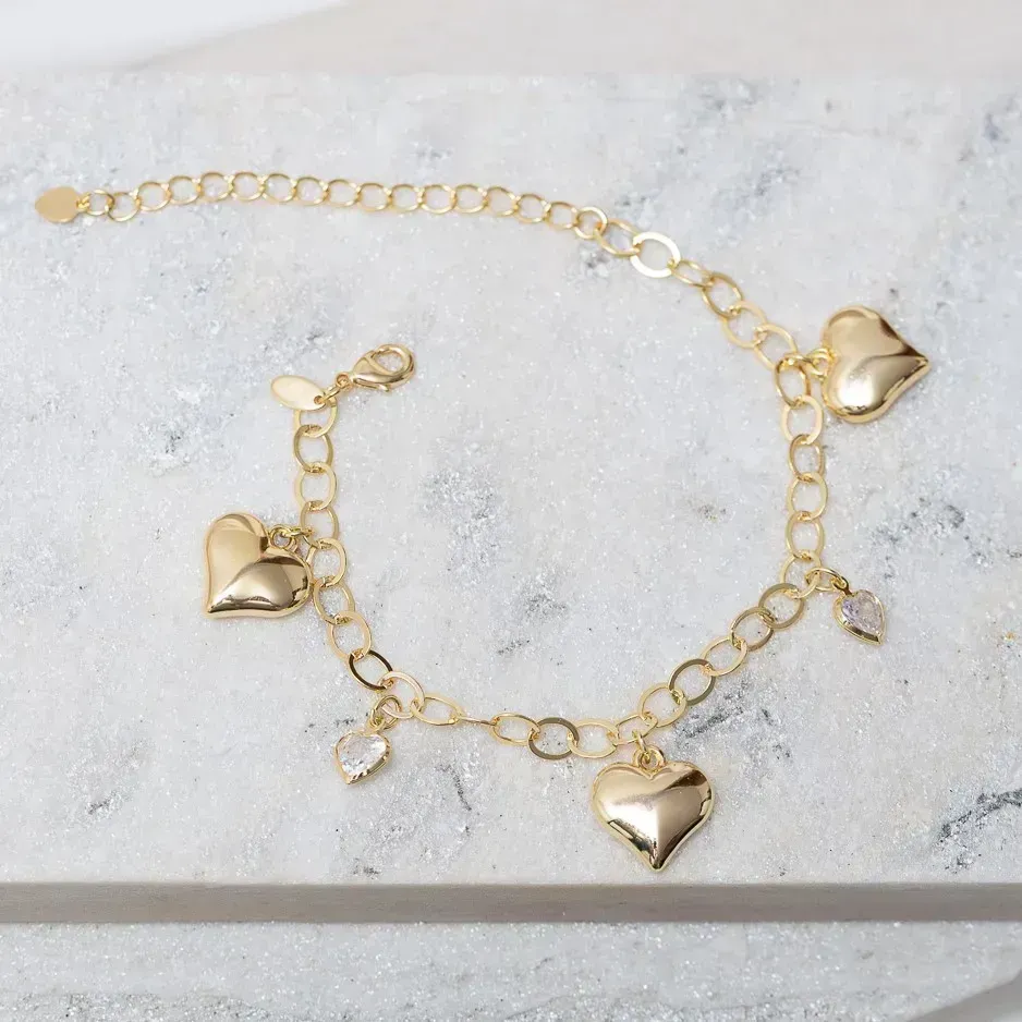 PULSEIRA ELOS COM PINGENTE CORAÇÃO CRISTAL E LISO BANHO OURO 18K