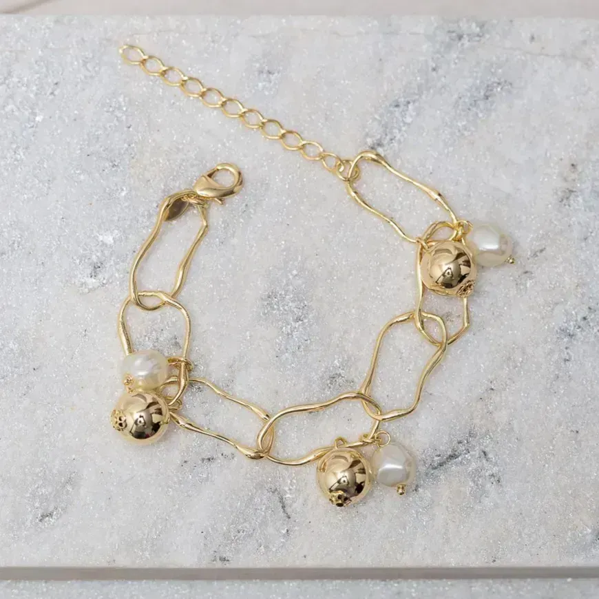 PULSEIRA ELOS IRREGULARES COM BOLINHAS E PÉROLAS BANHO OURO 18K