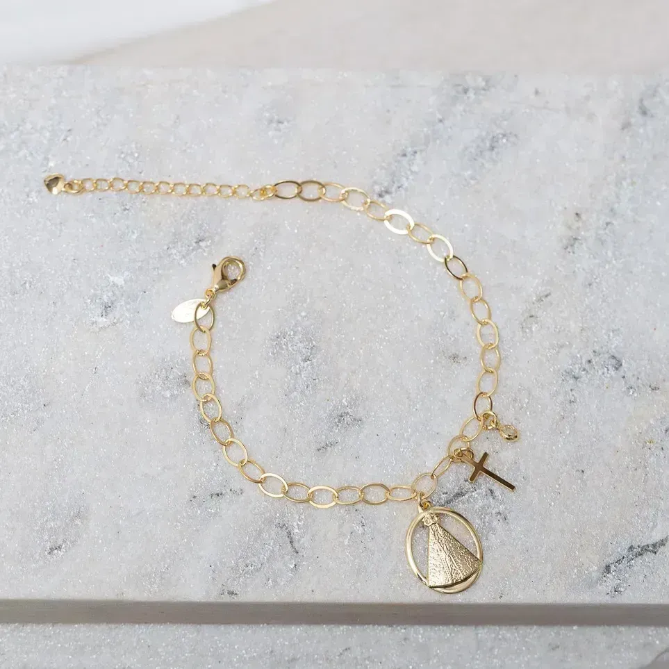 PULSEIRA NOSSA SENHORA, CRUZ E PONTO LUZ BANHO OURO 18K