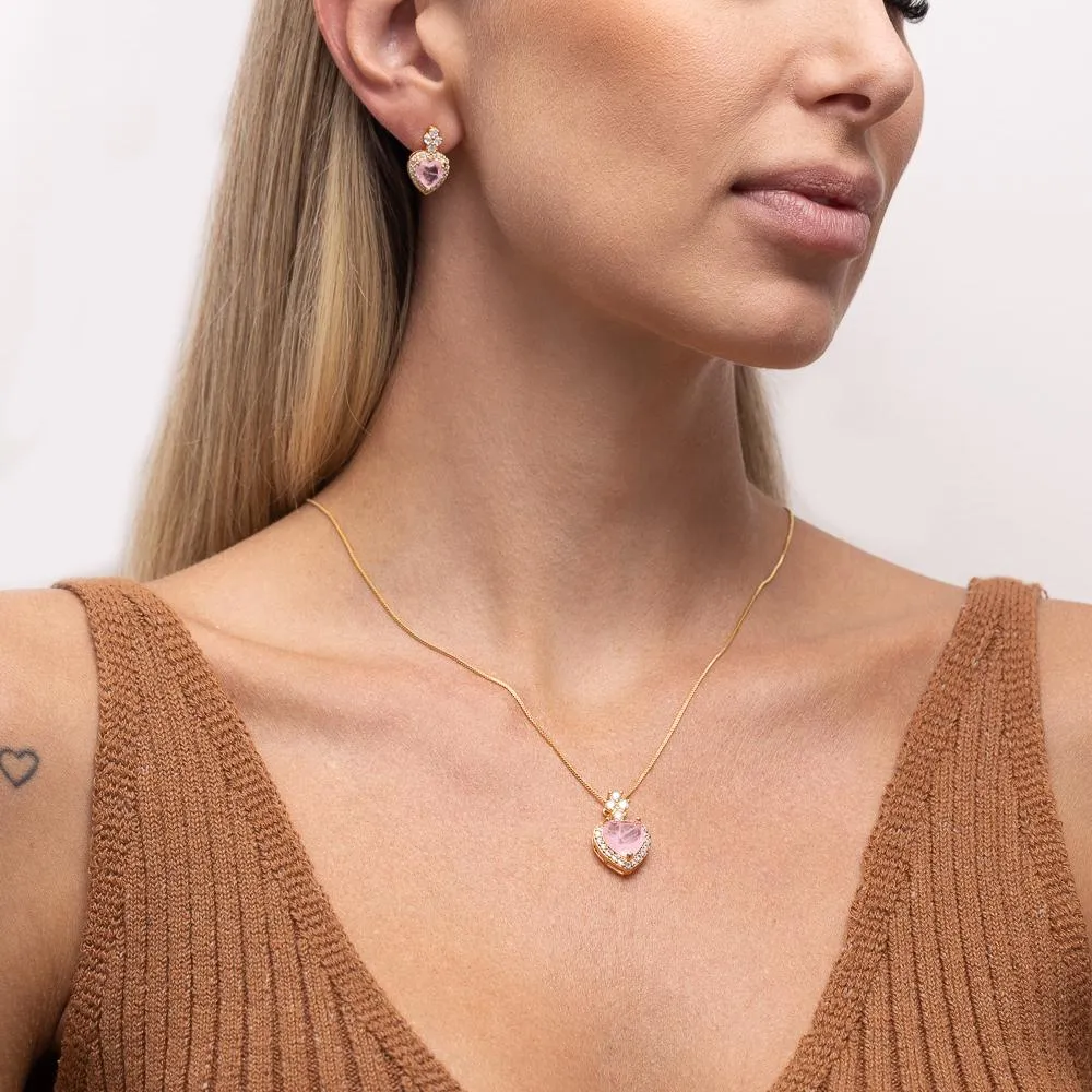 CONJUNTO CORAÇÃO COM PEDRA ZIRCÔNIA ROSA CLARO BANHO OURO 18K