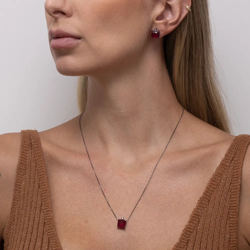 CONJUNTO QUADRADO PEDRA VERMELHO RUBI BANHO RÓDIO NEGRO