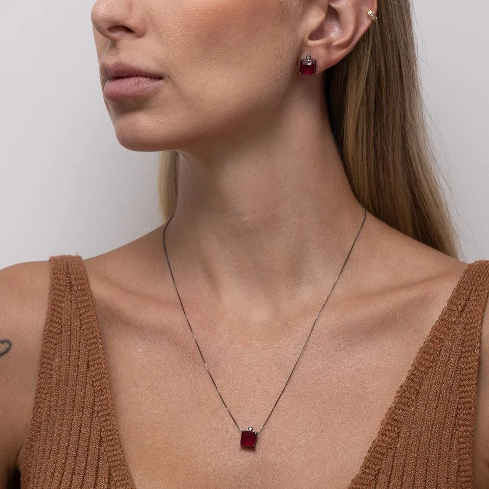CONJUNTO QUADRADO PEDRA VERMELHO RUBI BANHO RÓDIO NEGRO