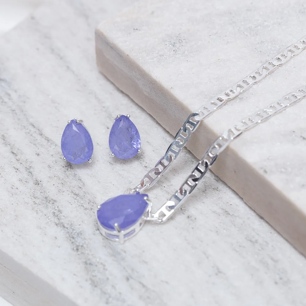 CONJUNTO GOTA CRISTAL LILÁS CORRENTE PIASTRINE BANHO PRATA