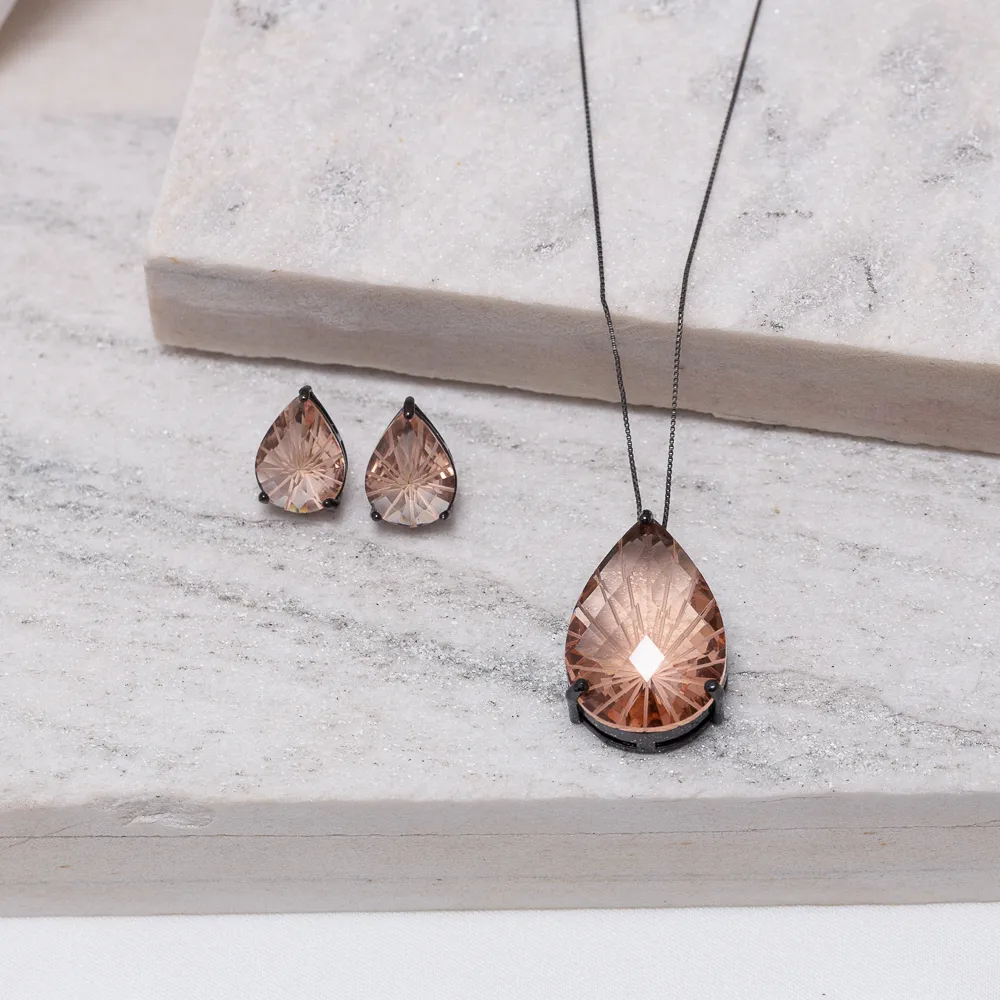 CONJUNTO GOTA GG COM PEDRA ROSÉ MESCLA BANHO RÓDIO NEGRO
