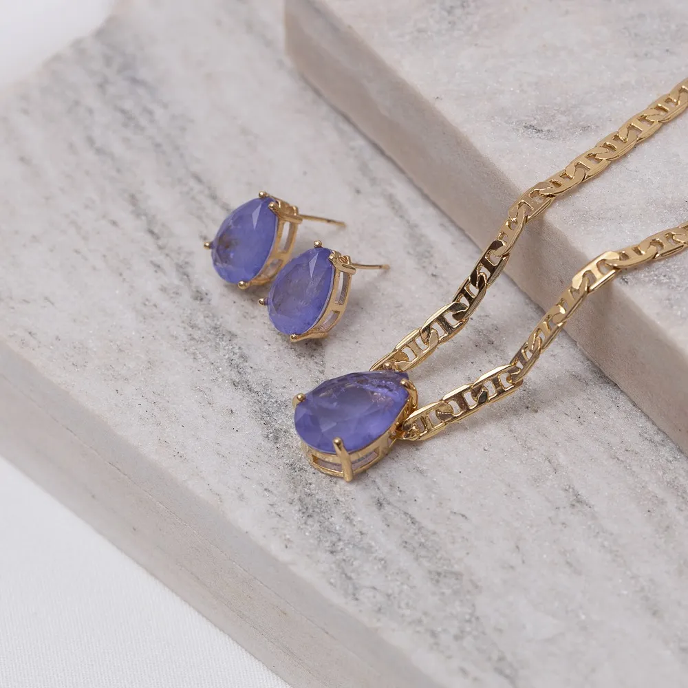 CONJUNTO GOTA CRISTAL ROXA CORRENTE PIASTRINE BANHO OURO 18K
