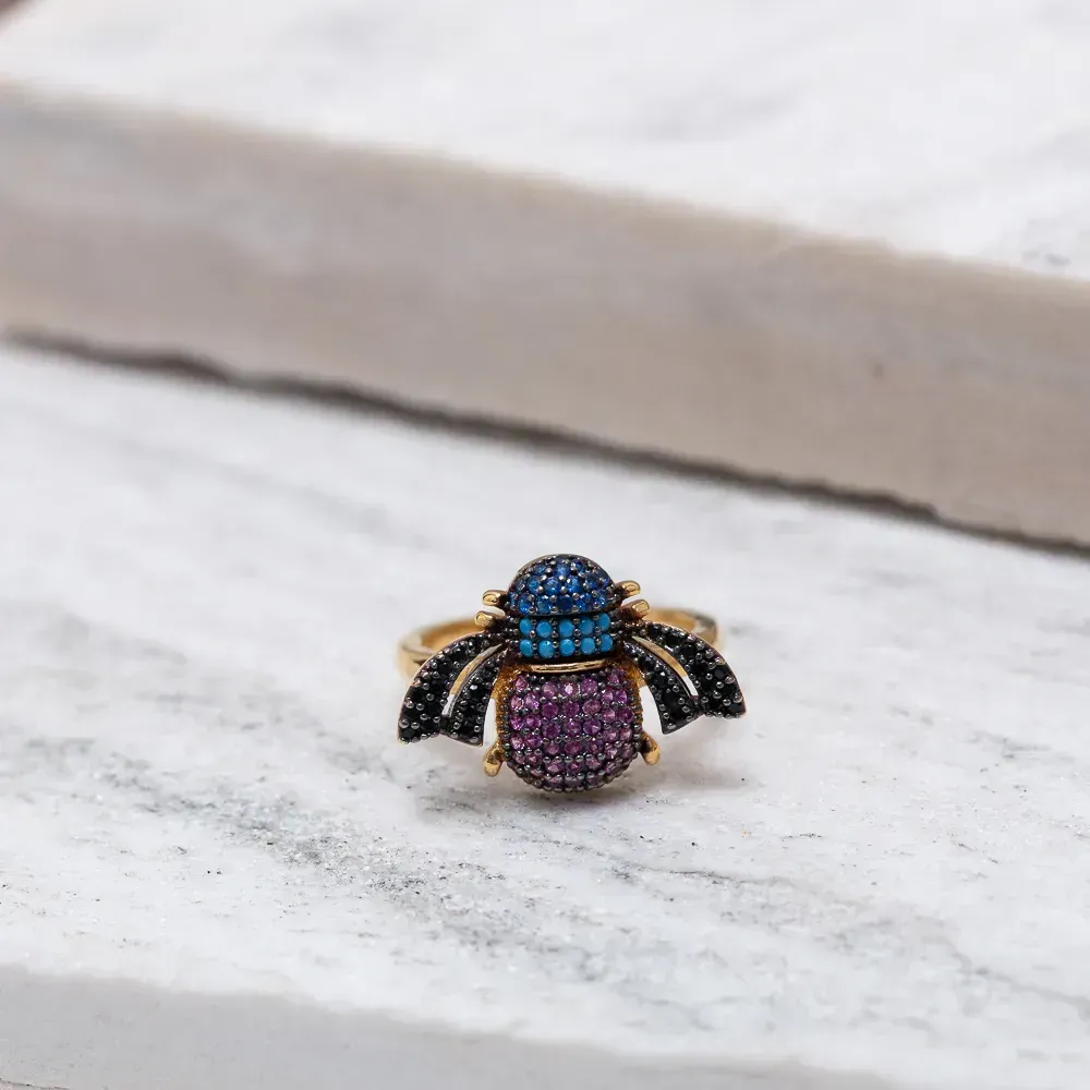 ANEL ABELHINHA COLORIDA BANHO OURO 18K